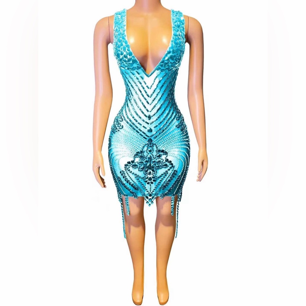 Beaded Mesh/Spandex Dress with Fringe Detail